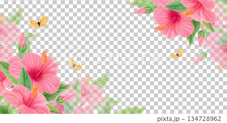 Floral corner composition with pink tropical hibiscus flowers, green leaves and yellow butterflies. Watercolor botanical border. 134728962