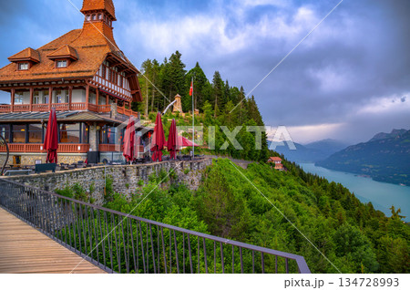 View of Lake Brienz and Swiss Alps from Harder Kulm Terrace in Switzerland View of Lake Brienz and Swiss Alps from Harder Kulm Terrace in Switzerland 134728993
