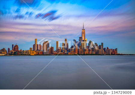 New York City Skyline showing Lower Manhattan and World Trade Center at Sunset New York City Skyline showing Lower Manhattan and World Trade Center at Sunset 134729009