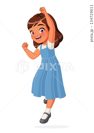 Indian schoolgirl jumping with one hand in the air. Cartoon vector illustration. 134729011