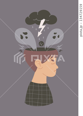 Mental Health. Boy with Fear Anxiety Ghost Stress. Head Concept with Dark Storm Cloud Lightning and Sad Face Emoji. Vector Illustration Profile of Young Male Experiencing Child Trauma or Nightmares 134729159