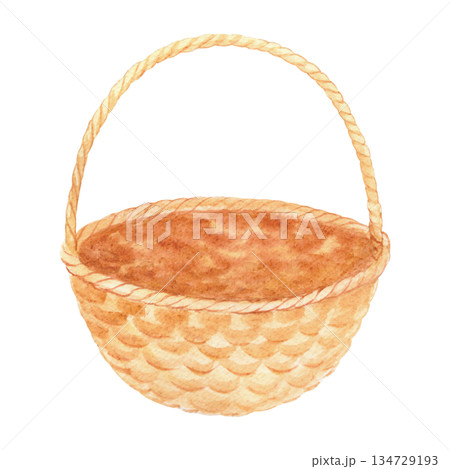Basket with the willows branches. Watercolor illustration. For fabric, wallpaper, packing paper, greeting cards, design, decoration and illustration. 134729193