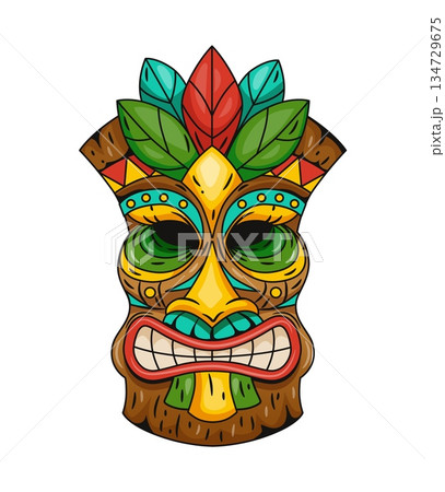 Ritual traditional mask. Wooden idol. Exotic tropical ethnic Polynesian Tiki totem. Aztec or mexican tribal colorful sculpture, statue face, ancient god. Vector cartoon flat isolated illustration 134729675