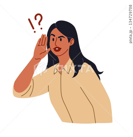 News eavesdrop. Gossip listen. Curious woman with hearing gesture. Curiosity hidden female pose. Surprised of secret story. Interested girl gossiping. Private rumor whisper. Deaf ear. Vector concept News eavesdrop. Gossip listen. Curious woman with hearing gesture. Curiosity hidden female pose. Surprised of secret story. Interested girl gossiping. Private rumor whisper. Deaf ear. Vector concept 134729708