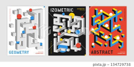 Isometric geometric poster. Abstract cube pattern. 3D perspective design. Colorful structure shape, modern banner. Construction concept template. Vector garish minimal graphic backgrounds collection Isometric geometric poster. Abstract cube pattern. 3D perspective design. Colorful structure shape, modern banner. Construction concept template. Vector garish minimal graphic backgrounds collection 134729738