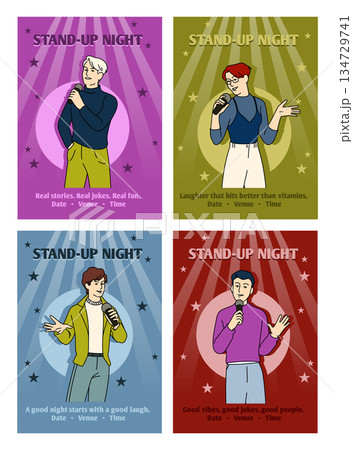 Stage monologue. Comedy show. Artists club performance, woman holding microphone. Humorous illustration of joke telling. Posters and greeting design show entertainment. Vector comic happy characters Stage monologue. Comedy show. Artists club performance, woman holding microphone. Humorous illustration of joke telling. Posters and greeting design show entertainment. Vector comic happy characters 134729741