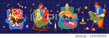 Girl warm by window. Christmas holidays leisure at home. Woman in armchair read book, cozy interior. Cute winter celebration. Relaxation by fireplace. Vector tidy cartoon flat style illustration Girl warm by window. Christmas holidays leisure at home. Woman in armchair read book, cozy interior. Cute winter celebration. Relaxation by fireplace. Vector tidy cartoon flat style illustration 134729744