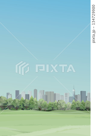 Public park with grass field in the city have skyscrapers and blue sky vertical background graphic illustration. 134729980