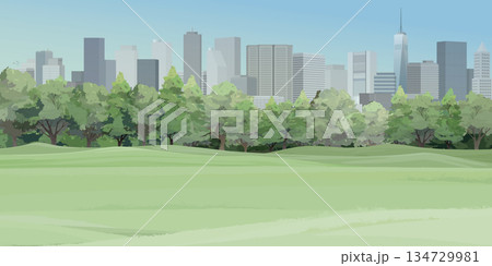Public park with grass field in the city have skyscrapers and blue sky background graphic illustration. Public park with grass field in the city have skyscrapers and blue sky background graphic illustration. 134729981