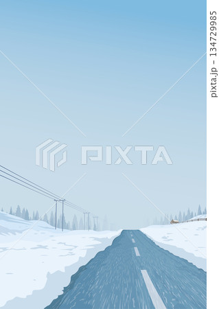 Local road through the countryside landscape covered by white snow have pine forest and blue sky background graphic illustration. Local road through the countryside landscape covered by white snow have pine forest and blue sky background graphic illustration. 134729985