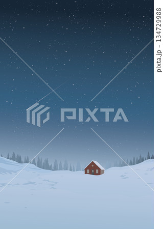 Winter landscape at night with lonely country house covered by white snow have silhouette pine forest and starry sky vertical background graphic illustration. Winter landscape at night with lonely country house covered by white snow have silhouette pine forest and starry sky vertical background graphic illustration. 134729988