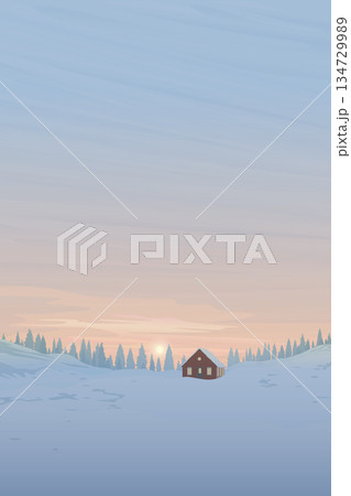 Winter landscape sunset with lonely country house covered by snow have silhouette pine forest and vanilla sky vertical background graphic illustration. 134729989