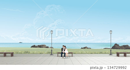 Couple of lover kissing on the bench at seaside have blue sky background graphic illustration. Sweetheart's dating concept have blank space. Couple of lover kissing on the bench at seaside have blue sky background graphic illustration. Sweetheart's dating concept have blank space. 134729992