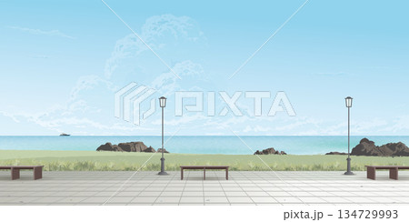 Public park at seaside have blue sky background graphic illustration. 134729993