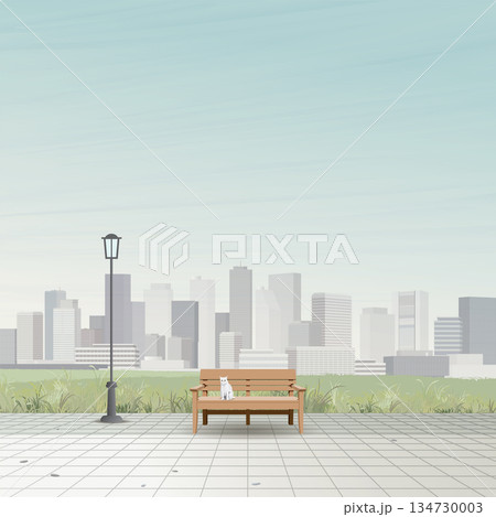 Cityscape view from public park with white cat sitting on the bench have skyscrapers and blue sky square background graphic illustration. 134730003