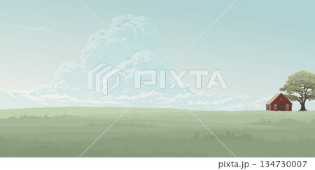 Minimalist countryside landscape with country house and big tree have blue sky background graphic illustration. Minimalist countryside landscape with country house and big tree have blue sky background graphic illustration. 134730007