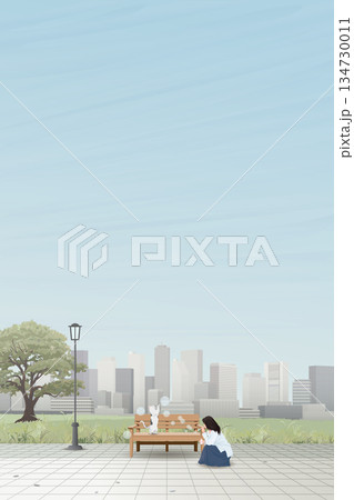 Cityscape with woman and cat playing soap bubbles at public park have skyscraper and blue sky vertical background graphic illustration. 134730011