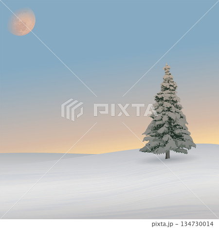 Minimalist sunset snowscape with silhouette lonely pine tree have moon on vanilla sky square background graphic illustration. Minimalist sunset snowscape with silhouette lonely pine tree have moon on vanilla sky square background graphic illustration. 134730014