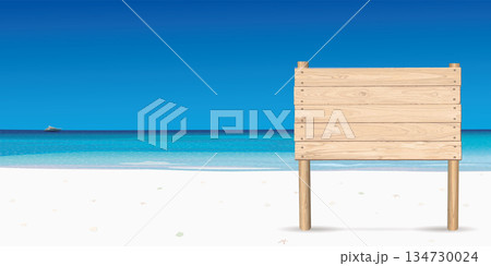 Blank whitewashed wooden signboard posts on white sand beach with tropical blue sea have blue sky background graphic illustration. Blank whitewashed wooden signboard posts on white sand beach with tropical blue sea have blue sky background graphic illustration. 134730024