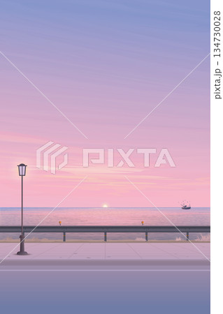 Seascape view from sidewalk with silhouette fishing boat followed by seagulls have dramatic sky vertical background graphic illustration. Seascape view from sidewalk with silhouette fishing boat followed by seagulls have dramatic sky vertical background graphic illustration. 134730028