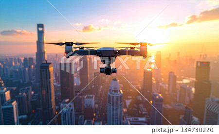 Modern drone flying over a city skyline at sunset. Concept of aerial technology, urban innovation, drone photography, and futuristic digital lifestyle. Ready for stock and advertising use. 134730220