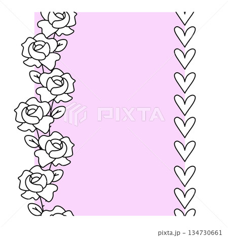 Hearts and roses Valentine's Day Frame seamless vertical border. Vector graphic line black and white illustration. for package, holiday design, fabric and textile. Hearts and roses Valentine's Day Frame seamless vertical border. Vector graphic line black and white illustration. for package, holiday design, fabric and textile. 134730661