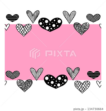 Heart Line Art Valentine's Day Frame seamless horizontal border. Vector graphic line black and white illustration. Banner, poster, wrapping paper, sticker, print, modern textile design. 134730664