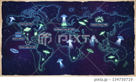 世界のUFO目撃例イラストマップ 世界のUFO目撃例イラストマップ 134730719