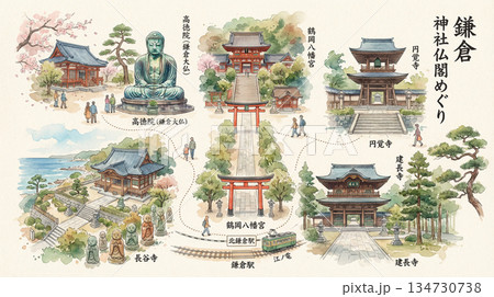 鎌倉の神社仏閣巡りイラストマップ 134730738
