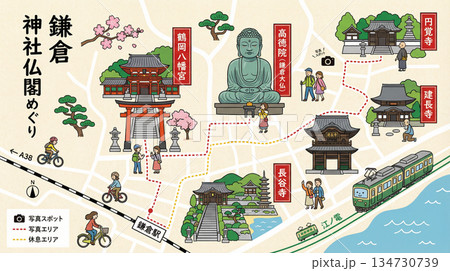 鎌倉の神社仏閣巡りのイラストマップ 134730739