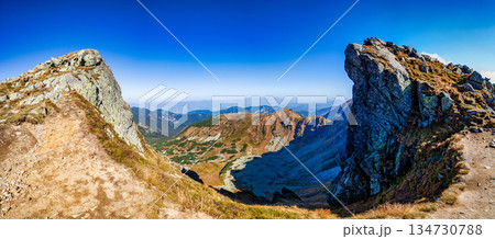 Autumn hiking trail on the ridge of Low Tatras mountains, Slovakia. 134730788