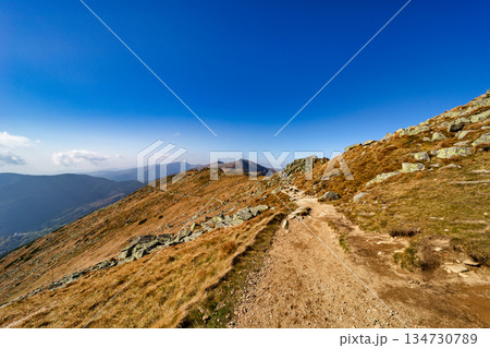 Autumn hiking trail on the ridge of Low Tatras mountains, Slovakia. 134730789