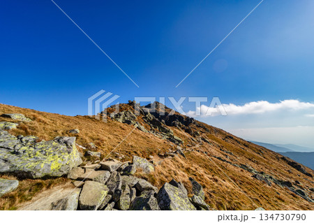 Autumn hiking trail on the ridge of Low Tatras mountains, Slovakia. 134730790