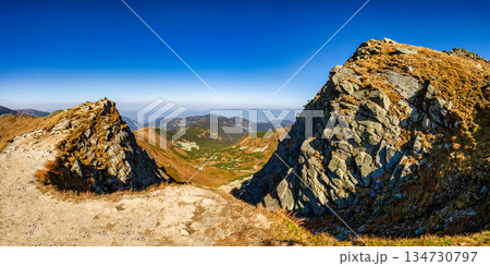 Autumn hiking trail on the ridge of Low Tatras mountains, Slovakia. 134730797