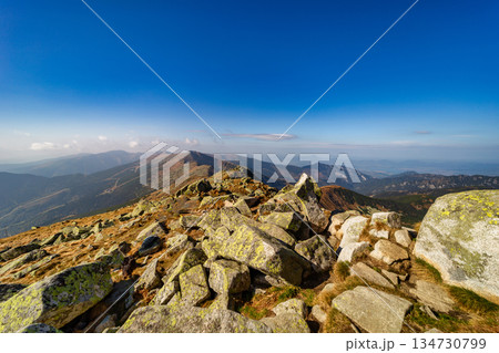 Autumn hiking trail on the ridge of Low Tatras mountains, Slovakia. 134730799