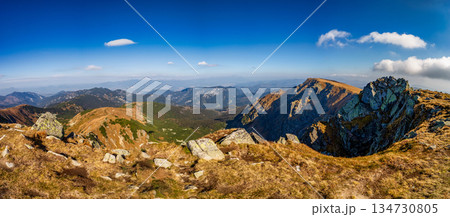 Autumn hiking trail on the ridge of Low Tatras mountains, Slovakia. 134730805