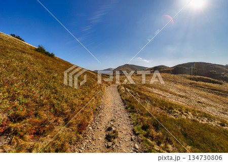 Autumn hiking trail on the ridge of Low Tatras mountains, Slovakia. 134730806