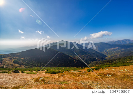 Autumn hiking trail on the ridge of Low Tatras mountains, Slovakia. 134730807