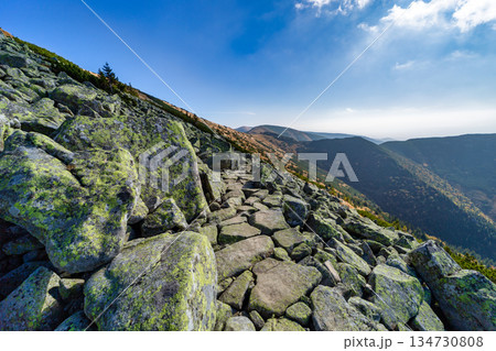 Autumn hiking trail on the ridge of Low Tatras mountains, Slovakia. 134730808