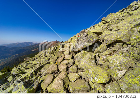 Autumn hiking trail on the ridge of Low Tatras mountains, Slovakia. 134730812