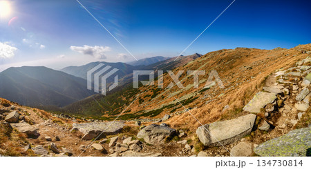 Autumn hiking trail on the ridge of Low Tatras mountains, Slovakia. 134730814