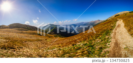 Autumn hiking trail on the ridge of Low Tatras mountains, Slovakia. 134730825