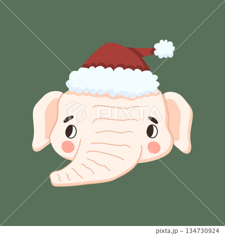 One cute white elephant wearing a Santa hat, isolated. Christmas cartoon vector illustration for childrens designs, holiday cards, invitations, wrapping paper, stickers, apparel, festive decorations. 134730924