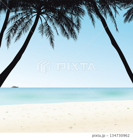 Minimalist seascape with silhouette palm trees at the beach have blue sky square background graphic illustration. 134730962