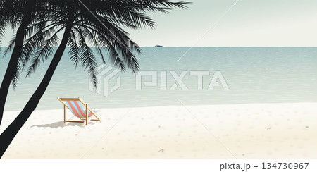 Minimalist seascape with silhouette palm trees and beach chair at the beach graphic illustration have blank space. Minimalist seascape with silhouette palm trees and beach chair at the beach graphic illustration have blank space. 134730967