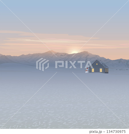Minimalist sunset landscape in winter season with mauntain ranges, country house and snowman covered by white snow have vanilla sky vertical background graphic illustration. 134730975