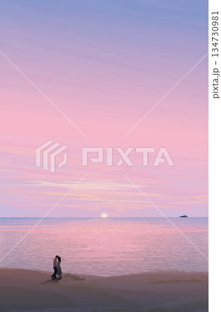 Seascape with couple of lover kissing silhouetted at cliff have twilight sky vertical background graphic illustration. Valentine day illustrated concept have blank space. Seascape with couple of lover kissing silhouetted at cliff have twilight sky vertical background graphic illustration. Valentine day illustrated concept have blank space. 134730981