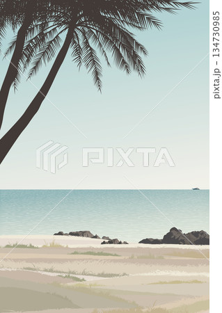 Seascape with silhouette palm trees at the cliff have blue sky vertical background graphic illustration. Seascape with silhouette palm trees at the cliff have blue sky vertical background graphic illustration. 134730985