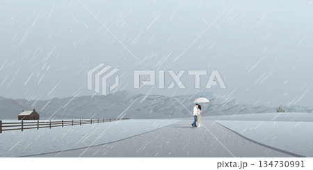 Countryside landscape in rainy day with couple of lover kissing under umbrlla have mountain ranges and dusk sky background. 134730991