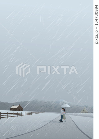 Countryside landscape in rainy day with couple of lover kissing under umbrlla have mountain ranges and dusk sky vertical background. Countryside landscape in rainy day with couple of lover kissing under umbrlla have mountain ranges and dusk sky vertical background. 134730994